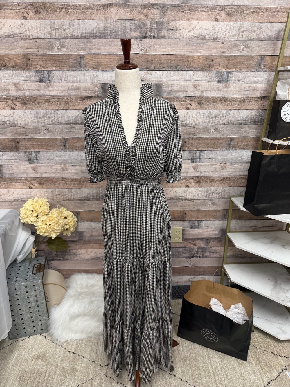 Max Studio Black & White Gingham Ruffle-Trim Maxi Dress